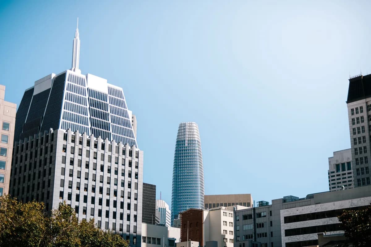 Modern skyscrapers and office buildings with reflective glass facades and windows