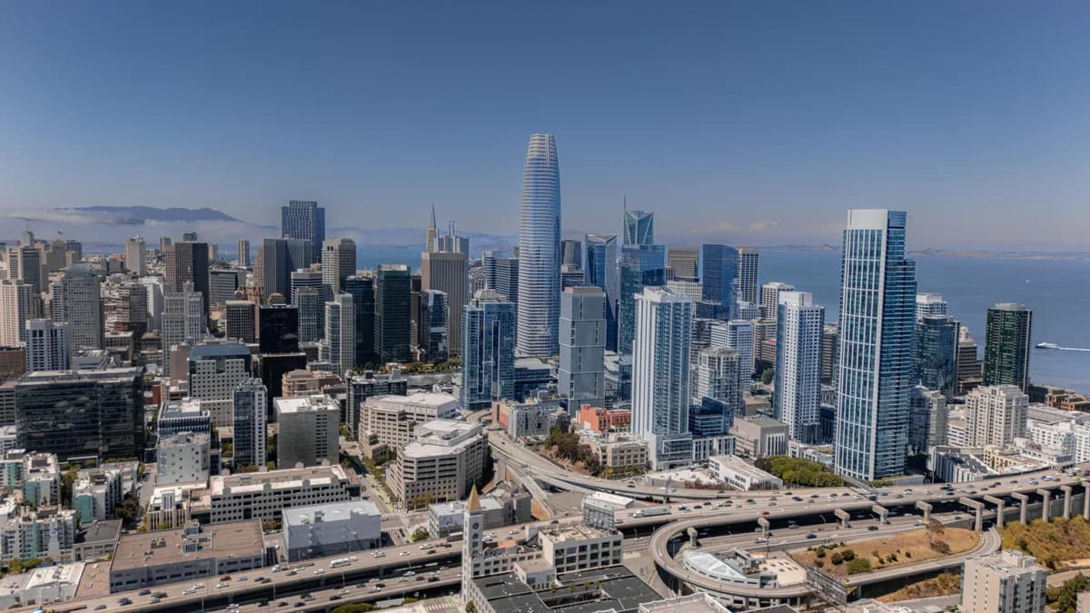 Urban skyline with dense high-rise buildings and modern glass skyscrapers