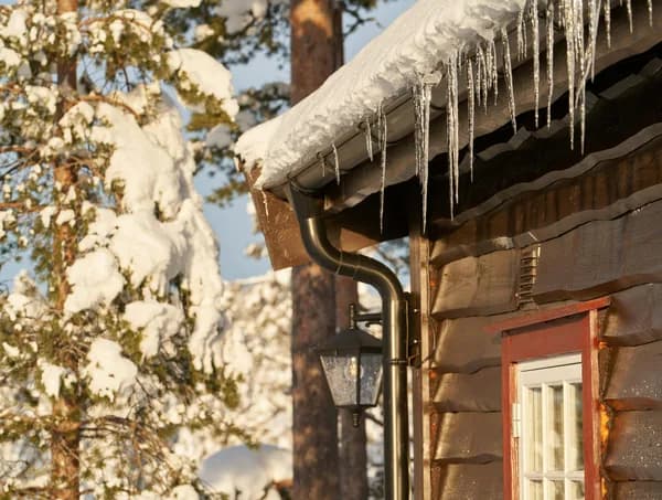 Icicles hanging from snowy roof gutter with frozen evergreen trees nearby
