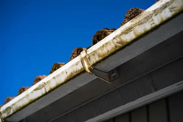 Dirty gutter with moss buildup on residential roof edge against clear sky
