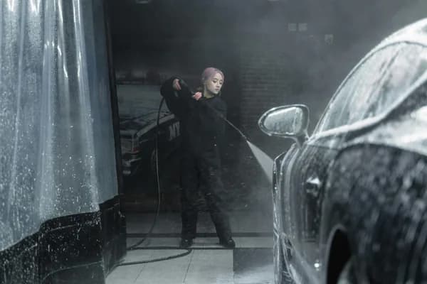 worker using pressure washer spray cleaning wet vehicle exterior surface