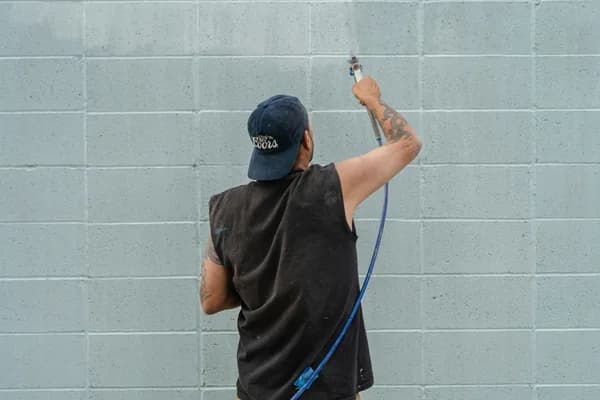 worker cleaning concrete block wall with pressure washer and hose