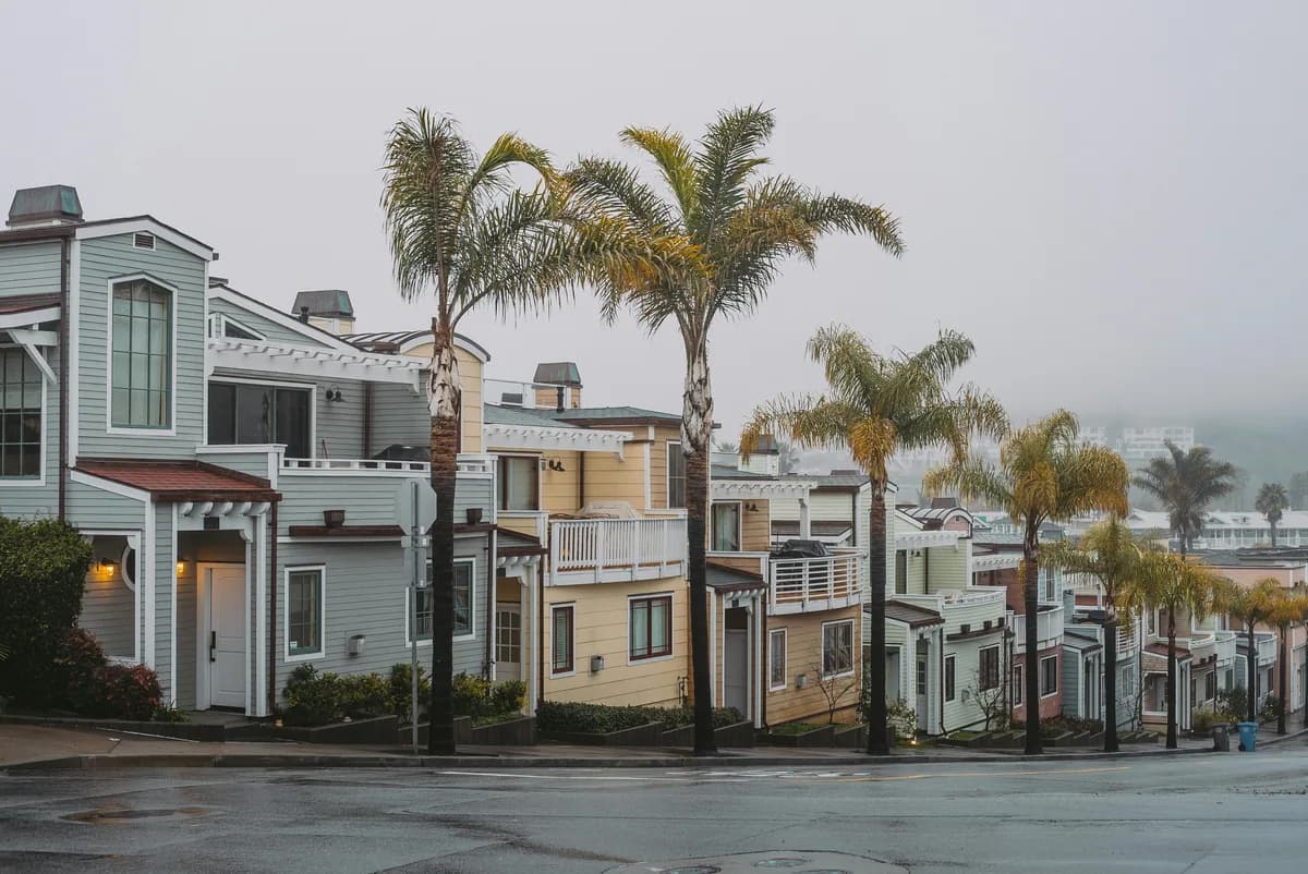 Row of colorful waterfront residential homes with palm trees and wet pavement