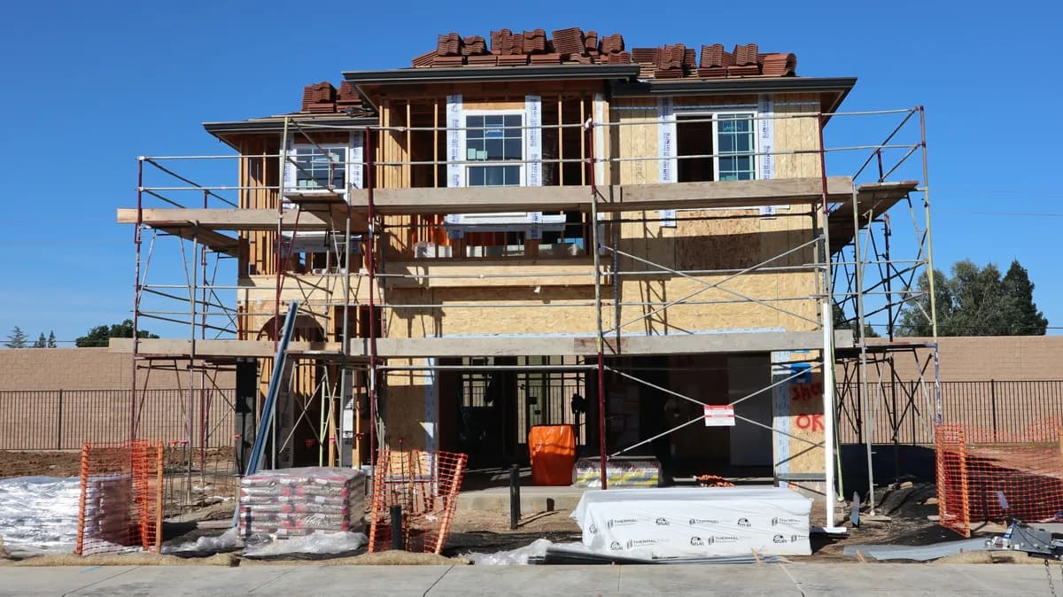 Multi-story residential building under construction with scaffolding and protective coverings