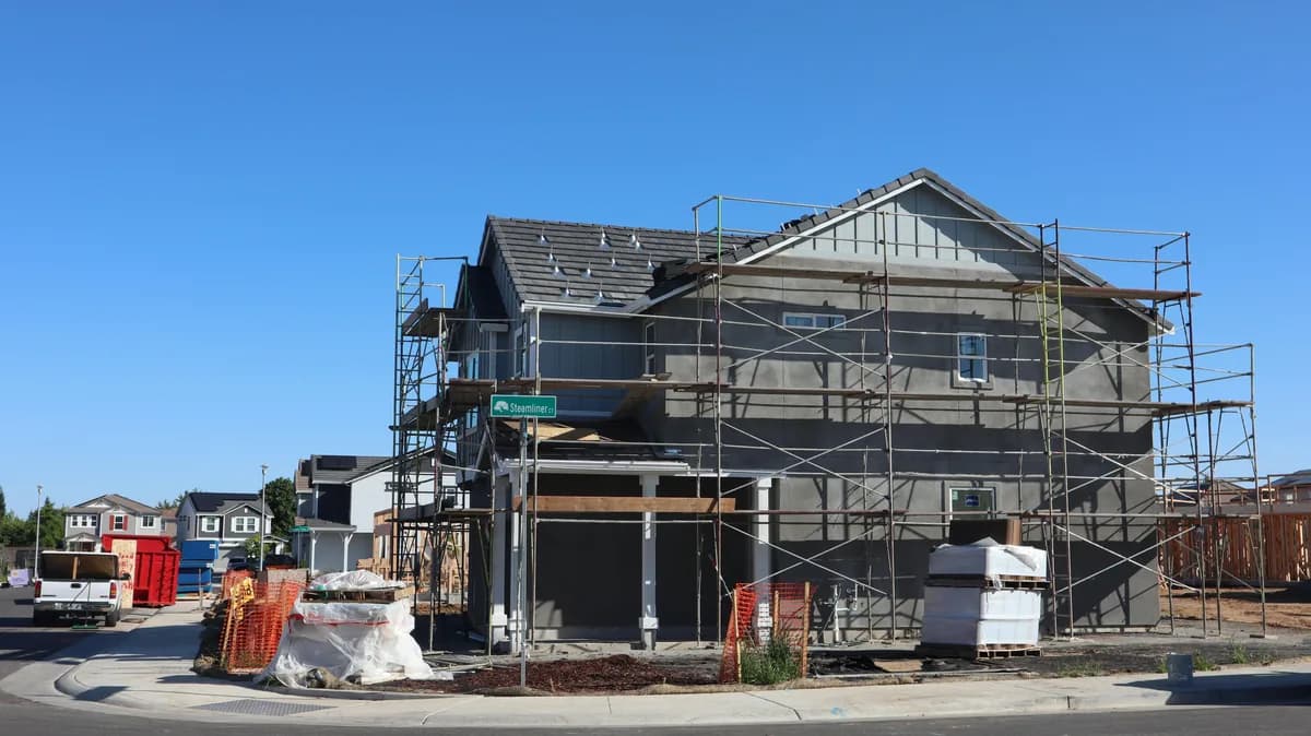 Multi-story residential house under construction with metal scaffolding
