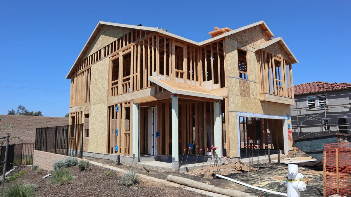 Two-story residential home under construction with exposed framing and windows
