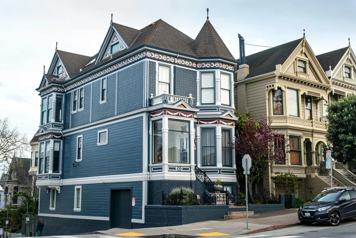 Victorian and Edwardian style houses with ornate architectural details and large windows