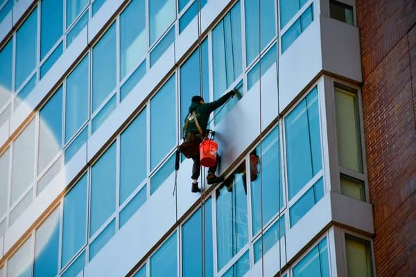 professional window cleaner rappelling down modern glass building facade